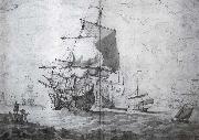 Monamy, Peter, A two-decker man-o-war shortening sail seen from the port bow other craft lightly pencilled in the background